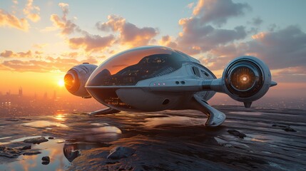 Future of urban air mobility, autonomous passenger air in a futuristic city. Created with generative AI.	