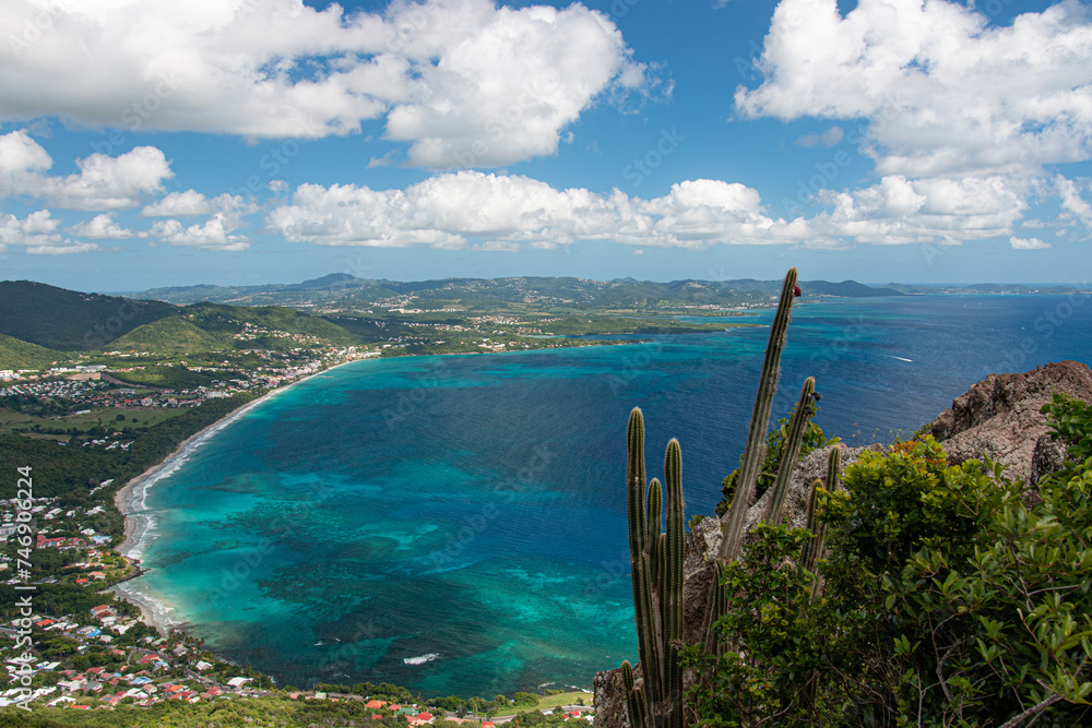 Wall mural Panoramic view of the Diamant beach, coral reefs and city, Martinique, French West Indies