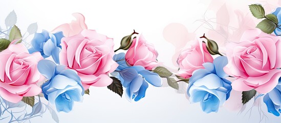 Three pink and blue roses are displayed against a plain white background. The roses appear fresh and vibrant, showcasing their delicate petals and colors.