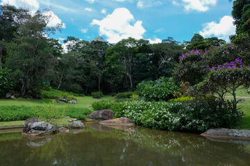 Fototapeta na wymiar Fazenda Marambaia, Rio de Janeiro, Brazil. Lush landscaped garden with winding pond, from the famous landscape architect Burle Marx