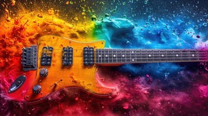 Guitar in cloud colorful dust. Created with generative AI. - obrazy, fototapety, plakaty