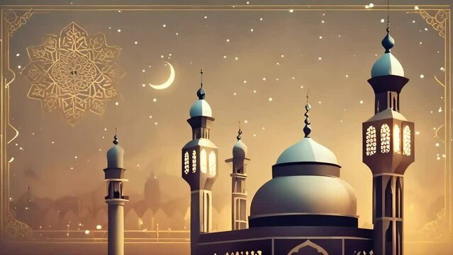 islamic lantern in the night fantasy ramadan kareem, ramadan decoration with arabic lantern and candle in the night. seamless looping time-lapse virtual 4k video animation background.	