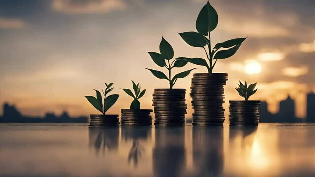 A plant growing out of a pile of coins. Generative ai, Money coin stack growing graph investment. Business Finance Save Money, green sapling growing out of a pile of golden coins.