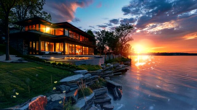 Scene of a luxury house by the lake, animated virtual repeating seamless 4k