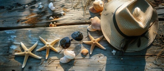 A hat, starfish, and various seashells are arranged neatly on a wooden surface, viewed from above. The hat is accompanied by sunglasses and the starfish and seashells add a coastal touch to the