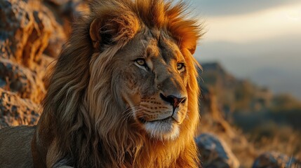 Lion at sunset. Created with generative AI.
