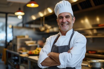 A confident male chef with a beaming smile poses with arms crossed in a well-equipped professional kitchen.