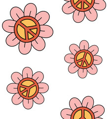 Vector seamless pattern of groovy retro peace sign and flowers isolated on white background