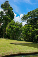 Fazenda Marambaia, Rio de Janeiro, Brazil. Lush landscaped garden with winding pond, from the famous landscape architect Burle Marx