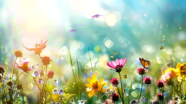 Scene of various kinds of flowers in the garden with a blurry background, animated virtual repeating seamless 4k