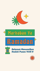 marhaban ya Ramadan, greetings template for Ramadan. Welcome Ramadhan retro style
