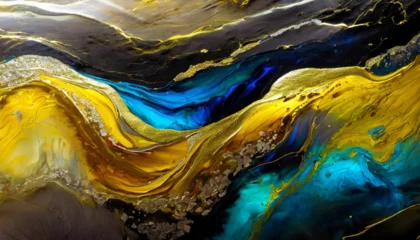 Küchenrückwand glas motiv Currents of translucent hues, snaking metallic swirls, and foamy sprays of color shape the landscape of these free-flowing textures. Natural luxury abstract fluid art painting in alcohol ink technique © Dakwah
