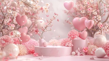 Fototapeta na wymiar Pink podium background for product, Symbols of love for women's holiday, Valentine's Day, 3D rendering.