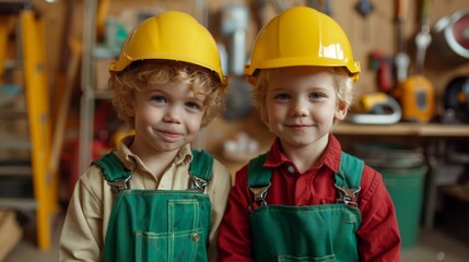 Confident Children in Construction Gear Posing.
