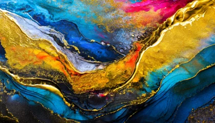 Badezimmer Foto Rückwand Currents of translucent hues, snaking metallic swirls, and foamy sprays of color shape the landscape of these free-flowing textures. Natural luxury abstract fluid art painting in alcohol ink technique © Dakwah