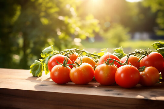 Ripe Tomatoes on Vine Bathed in Golden Sunlight on Wooden Table. Fresh Organic Produce Concept