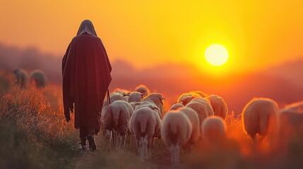 a shepherd guiding his flock of sheep. Created with Generative AI. - obrazy, fototapety, plakaty