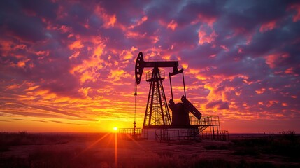 Naklejka premium sunset in an oil field. Created with Generative AI.