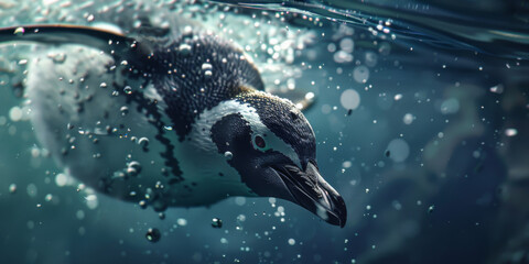 a penguin is swimming underwater, generative AI - obrazy, fototapety, plakaty