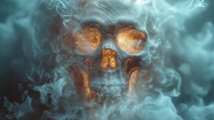 Abstract smoke surrounds the actual skull. Created with Generative AI.