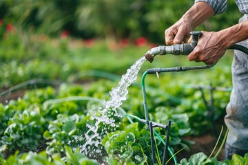 Obraz premium A diligent farmer is watering fresh vegetable plants in a sunlit garden, nurturing their growth.