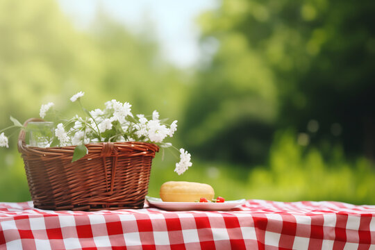 Summer Picnic Scene with Wicker Basket and White Flowers on Red Gingham Tablecloth. Outdoor Leisure and Dining Concept