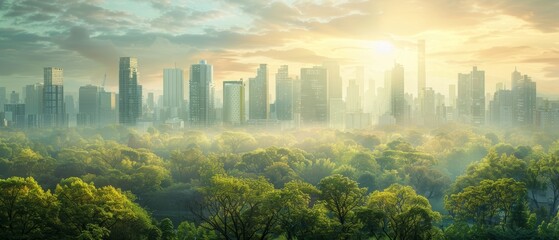 A breathtaking cityscape with modern skyscrapers towering over a lush green park, illuminated by the soft light of dawn.
