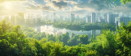 A serene view of a city skyline with skyscrapers reflected in a calm lake, surrounded by vibrant green foliage under a sunset sky. - obrazy, fototapety, plakaty