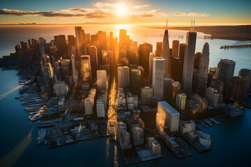 Aerial Panorama of a Vibrant City Awakening Under Dawn's First Light - obrazy, fototapety, plakaty