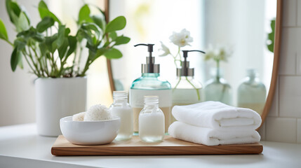 Fototapeta na wymiar Elegant Spa Bathroom Vanity Setup with White Dispensers and Plush Towels. Modern Home Comforts and Interior Design Concept