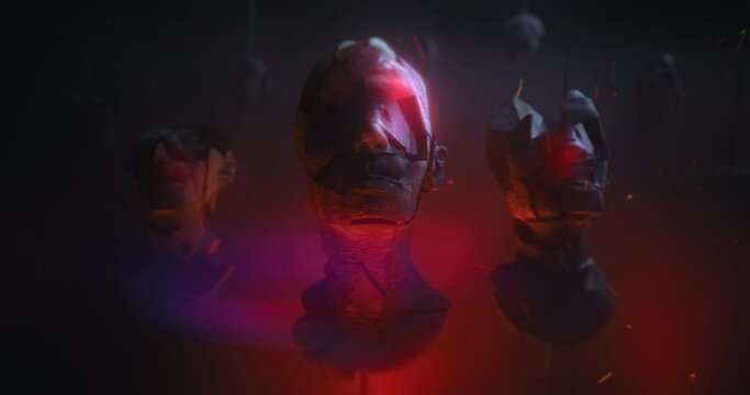 Broken and burned head sculptures on spikes deep in hell