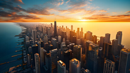 Aerial Panorama of a Vibrant City Awakening Under Dawn's First Light