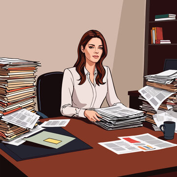 Overworked businesswoman in office, buried in paperwork, vector illustration