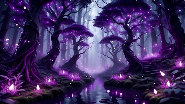 Enchanted fantasy forest with floating glowing fairy lights. Atmospheric, ambient, created with generative ai, seamless looping, 4k, looping, ambient video animation, ambient, bokeh floating ai	