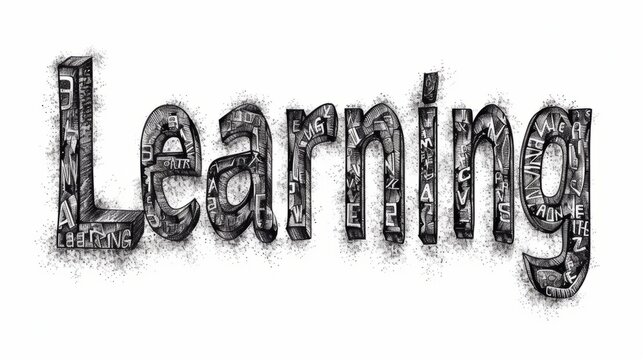 The word Learning isolated on white background made in Stippling style. Decorative lettering of a word Learning. Creative postcard. Ai Generated Digital art poster.