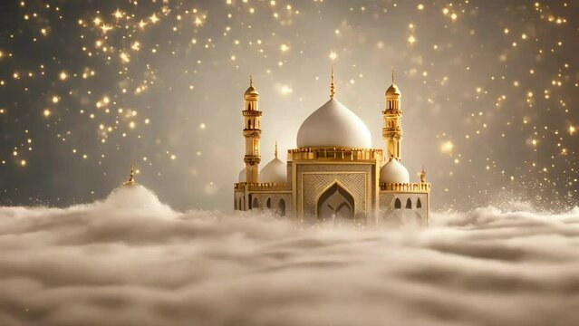 islamic mosque in the night fantasy ramadan kareem, ramadan decoration with arabic lantern and candle in the night. seamless looping time-lapse virtual 4k video animation background.