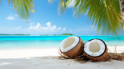 Tropical Beach Paradise with Fresh Coconuts on White Sand. Summer Vacation and Natural Refreshment Concept - obrazy, fototapety, plakaty