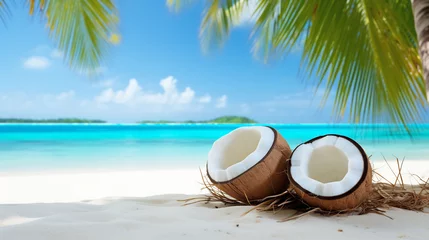 Gordijnen Tropical Beach Paradise with Fresh Coconuts on White Sand. Summer Vacation and Natural Refreshment Concept © AspctStyle