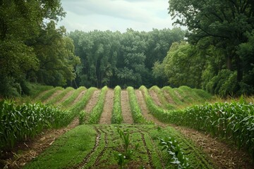 Cultivated crops in neat rows beside a dense forest, showcasing a blend of agriculture and natural habitat.