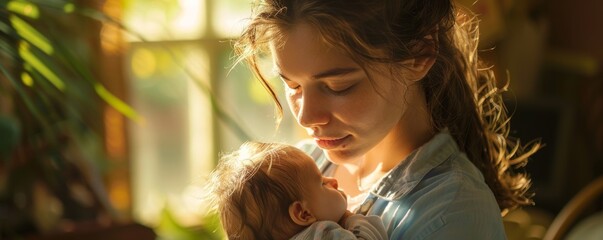 A young mother gently cradles her sleeping newborn in a peaceful, sunlit room, surrounded by the tranquility of nature. - obrazy, fototapety, plakaty