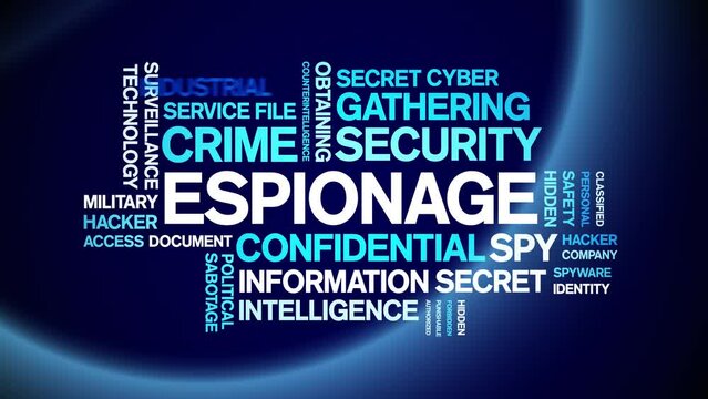 Espionage animated word cloud;text design animation tag kinetic typography seamless loop.