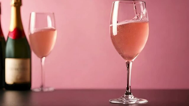Pink wine pouring scene, pink wine in glass, Selective focus. drinks, pouring wine into glass, stock life, stock video aniamtion, looping animation, 4k stock video, berries, smoothie, videos, ai video