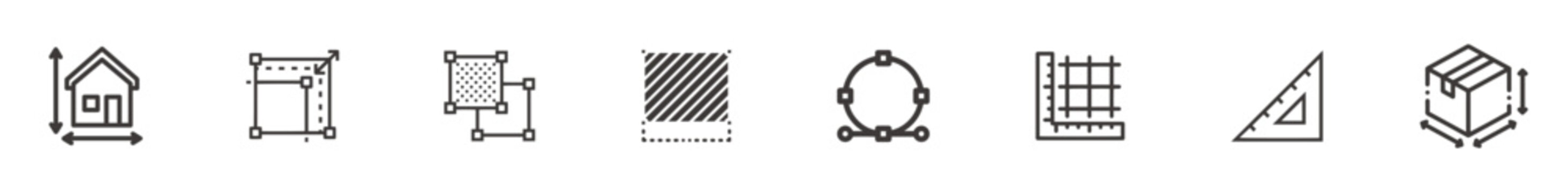 Dimension, area and perimeter measure concept editable flat vector icons set.