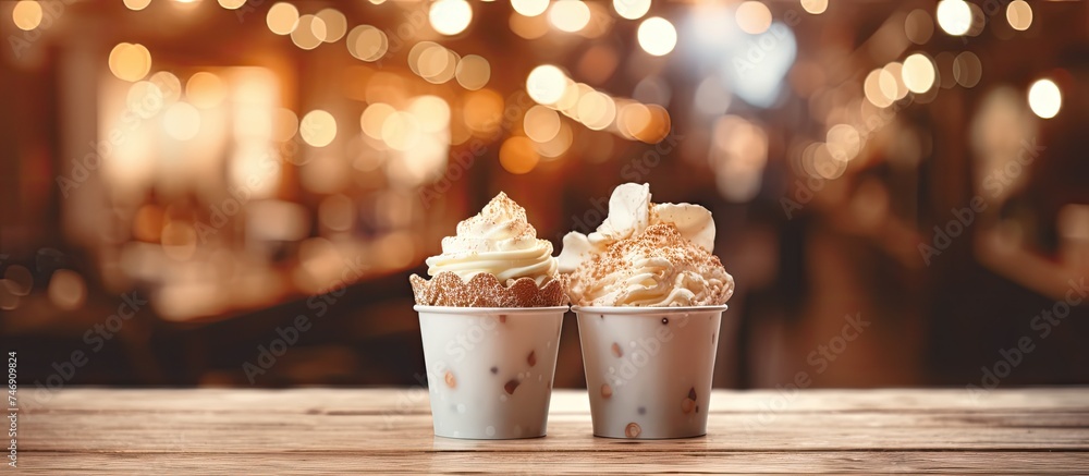 Poster two cups of ice cream are placed on top of a wooden table. the table is illuminated by party lights,