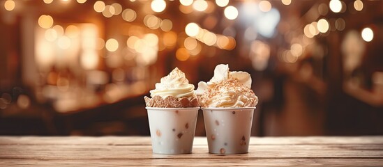 Two cups of ice cream are placed on top of a wooden table. The table is illuminated by party lights, creating a cozy and inviting atmosphere.