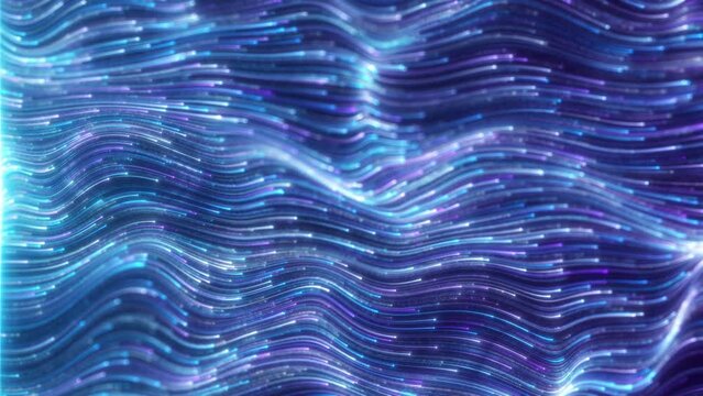 Blue particle lines flow to the right, blue technology data flow. Blue light stripes flow, abstract information flow from luminous stream of lines, elegant wave lines background.