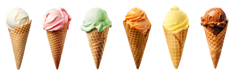Row of six isolated colorful delicious creamy ice cream scoops of various flavors in waffle cones on transparent background. Summertime cold sweet dessert.