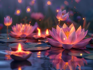 Diwali is an Indian holiday, the festival of fire. Lotus flowers and diyas oil lamps.