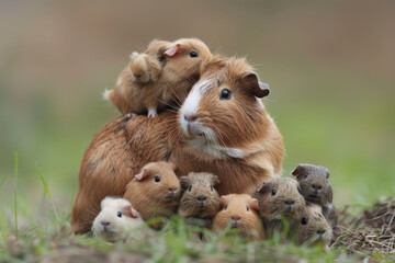 A guinea pig is taking care of her cub, animal and love, familiy concept