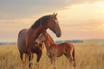 A horse is taking care of her cub, animal and love, familiy concept